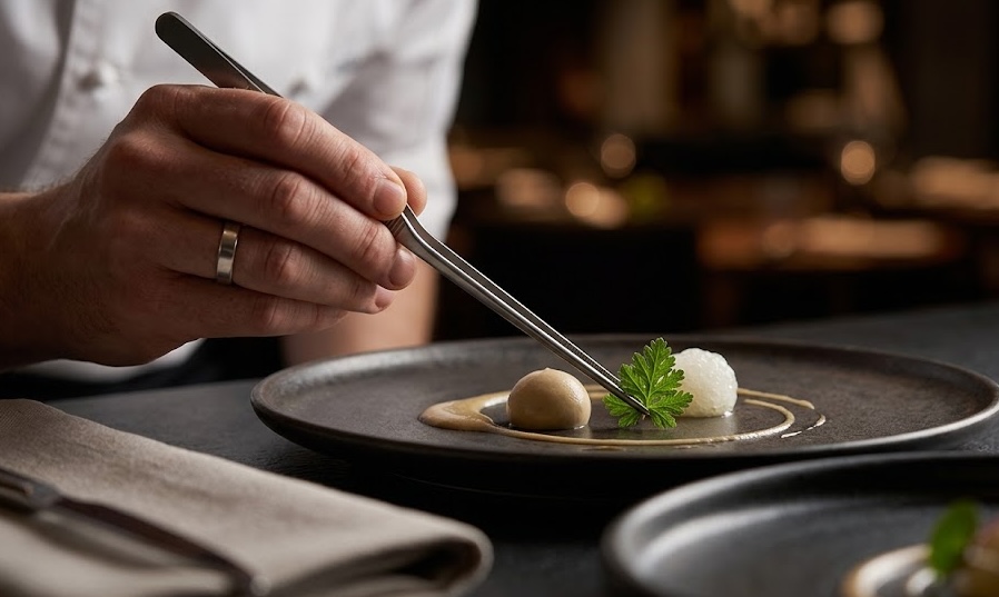 A highly intricate, artistic culinary dish served on a dark stone plate